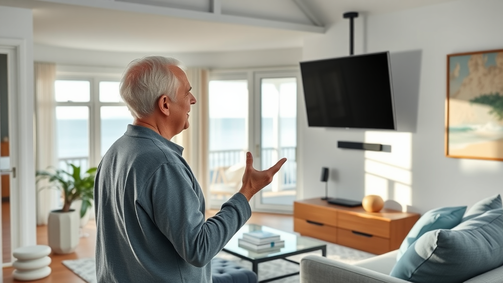 Sleek wire-free entertainment area with TV wall mount, happy homeowner, tv mounting services in surfside beach sc, optimal viewing, contemporary surfside design, photorealistic
