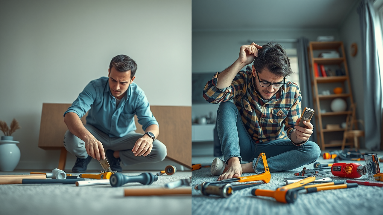 Professional installer vs frustrated DIY TV mounting attempt, wall mount, mounting service, contrasting outcomes, detailed Surfside Beach SC home, photorealistic
