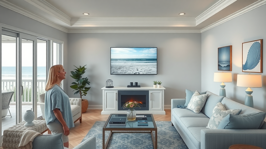 Modern Surfside Beach SC living room with perfectly mounted TV, coastal decor, relaxed homeowner, tv mounting services in surfside beach sc, south carolina, photorealistic