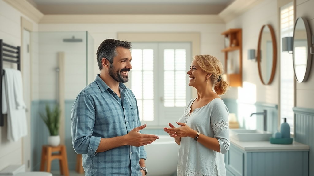 Inviting modern bathroom interior for small bathroom remodeling projects in Myrtle Beach SC – photorealistic coastal theme with natural sunlight, wood and blue accents, a couple admiring design upgrades, lifelike and bright.