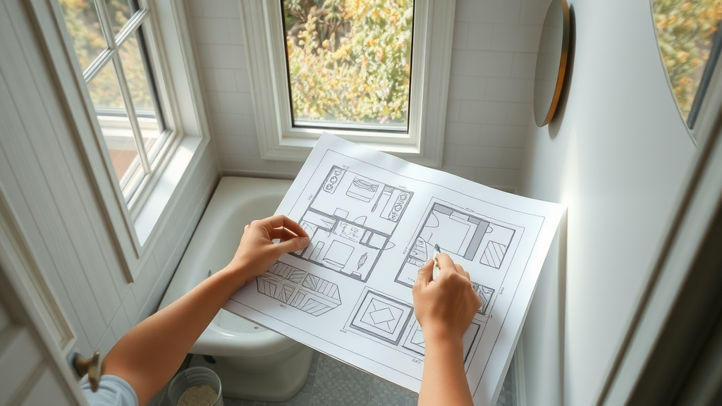 Well-organized compact bathroom design in Myrtle Beach, designer sketching plans for an efficient bathroom remodel, close-up action and coastal details, bright daylight.