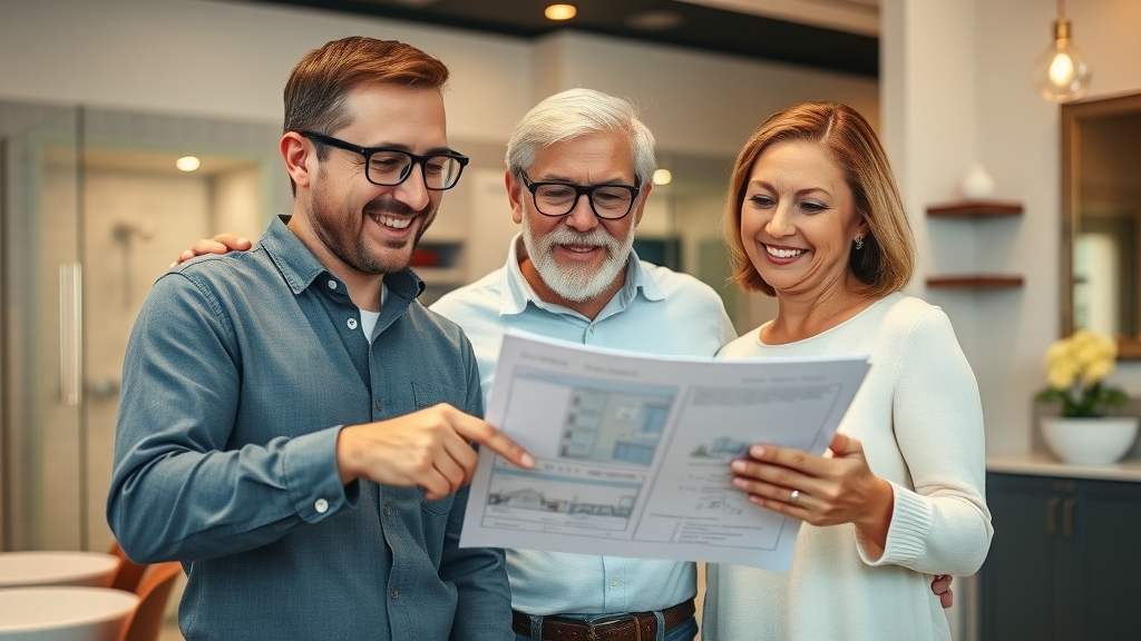 Professional bathroom remodeler in Myrtle Beach consulting with homeowner, both smiling, reviewing digital project plans, lifelike and stylish showroom background.