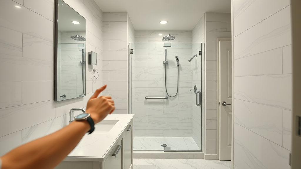 Luxury small bathroom remodel in Myrtle Beach SC, new vanity and shower, person admiring elegant tile and fixtures, bright whites and chrome accents, highly detailed.