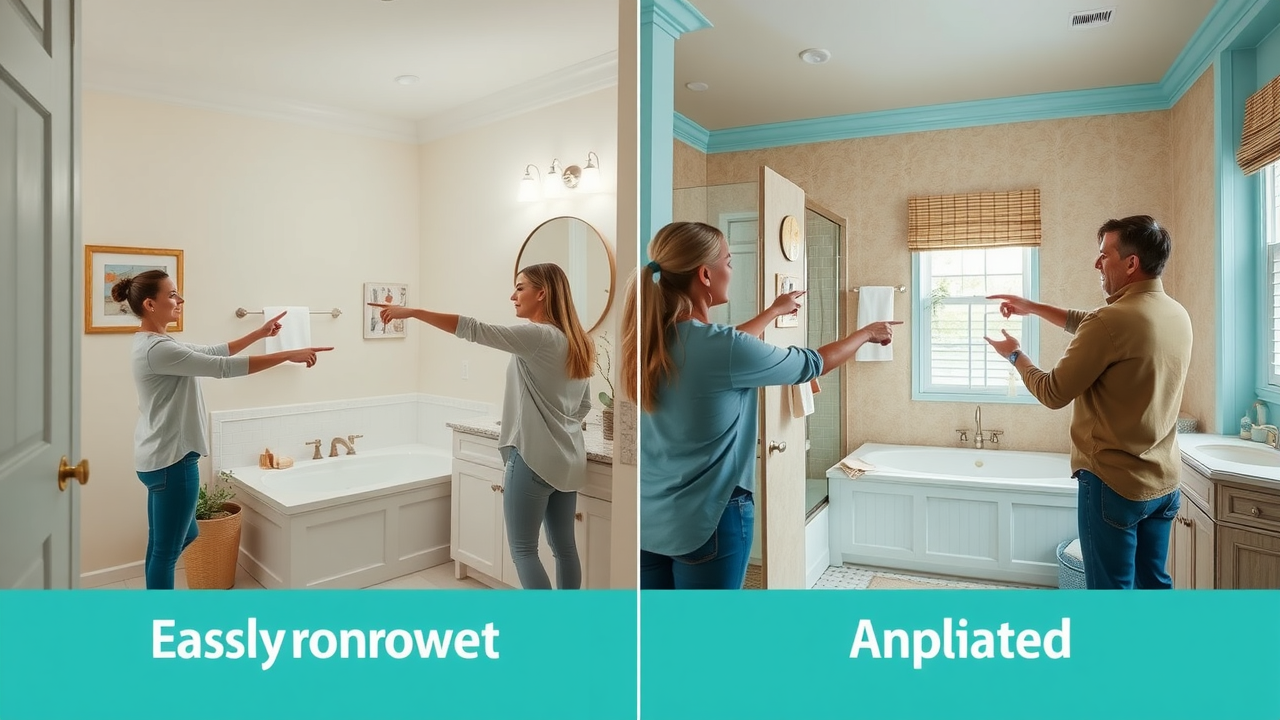 Side-by-side comparison of full bathroom remodel vs partial update in Myrtle Beach SC, people pointing and debating options, bright coastal decor and dynamic scene.