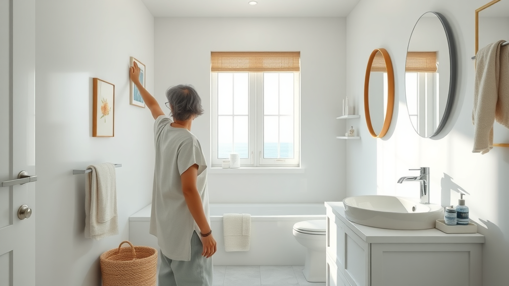 Inviting modern small bathroom remodel surfside beach, neutral decor, clean and tidy space, natural daylight, ocean-blue and white color palette