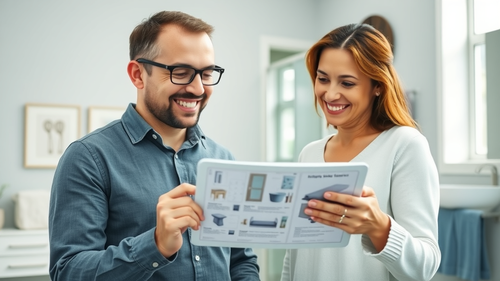 Professional bathroom remodel contractor consulting Surfside Beach homeowner, reviewing bathroom plans