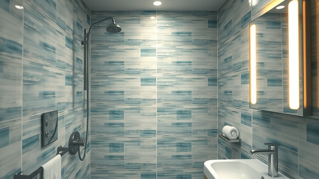Elegant newly remodeled small bathroom Surfside Beach, spa-like fixtures, rainfall showerhead, ocean-inspired design
