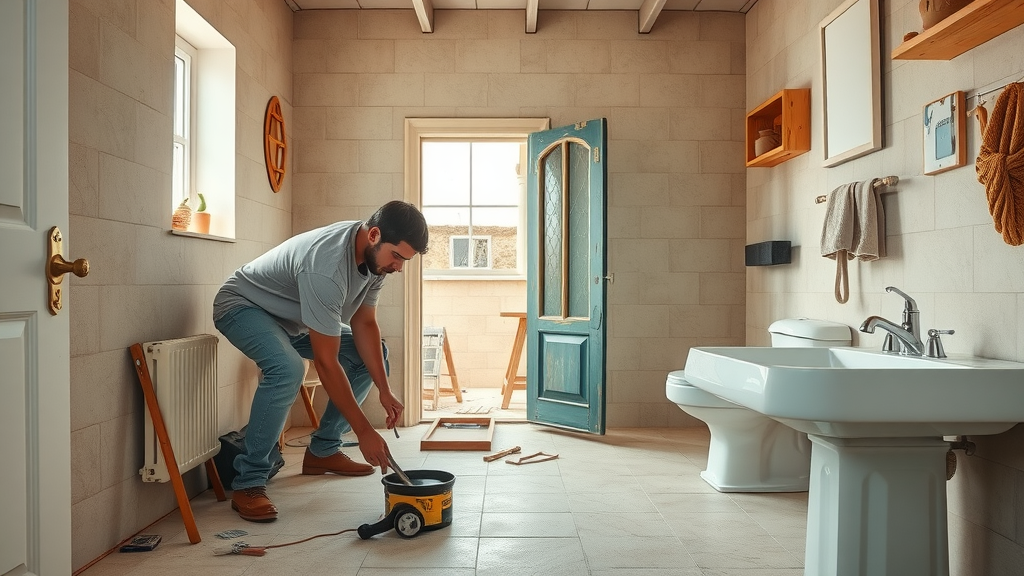 Local craftsmen Surfside Beach renovating small bathroom, new tile flooring, teamwork on affordable home remodel