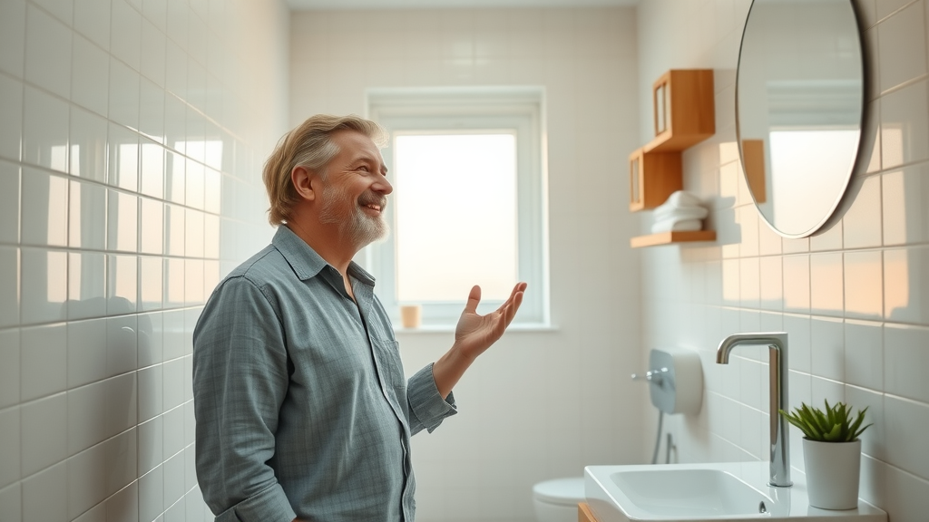 Compact bathroom remodel in Myrtle Beach with space-saving fixtures, clever storage, and natural lighting, homeowner admiring space.