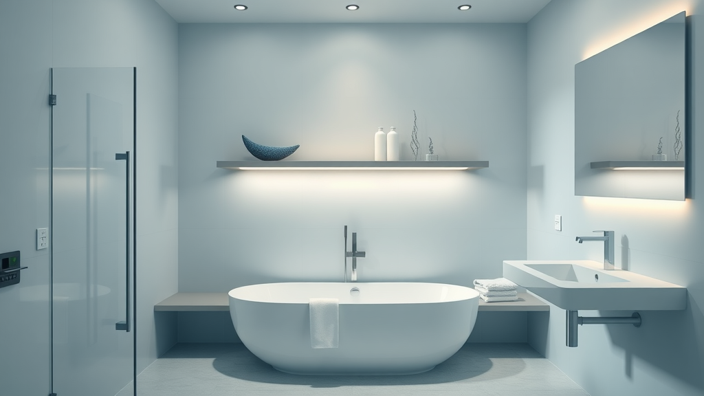 Contemporary bathroom remodel in Myrtle Beach with floating shelves and ocean-inspired decor.