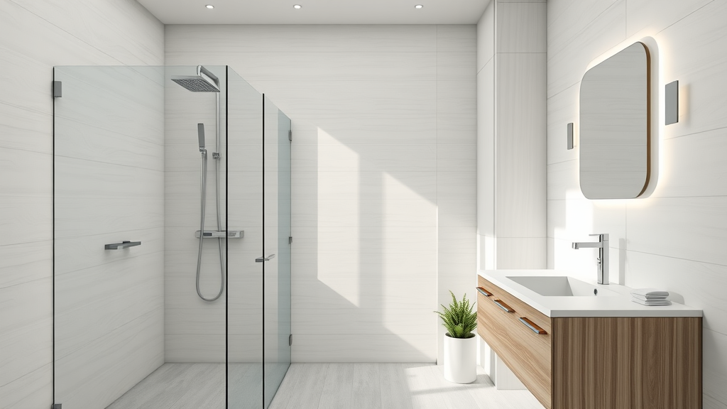 Small bathroom remodel Pawleys Island SC with walk-in shower, floating vanity, modern eco-friendly upgrades, and coastal accents.