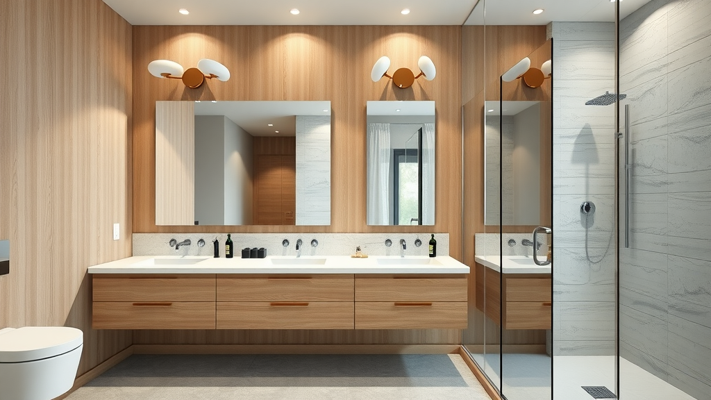 Modern bathroom remodel in Murrells Inlet featuring floating vanity, custom cabinetry, walk-in shower, natural wood tones, and chrome hardware.