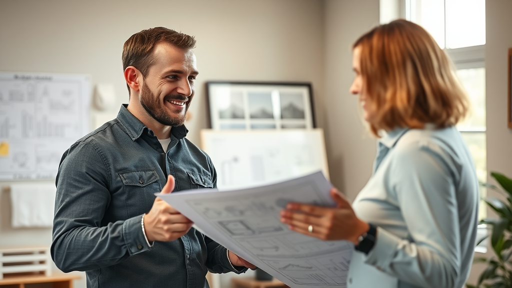 Professional contractor consulting with Murrells Inlet homeowner about small bathroom remodeling plans, reviewing blueprints and design samples.