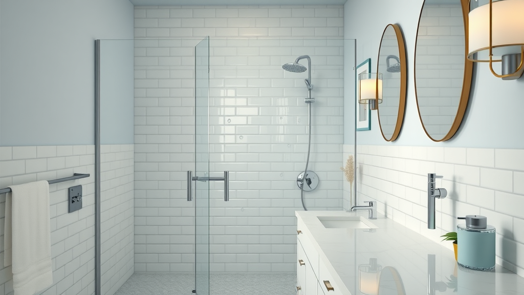 Stylish small bathroom in Murrells Inlet with walk-in shower, floating vanity, glass door, pastel blue and white color scheme, fresh and coastal-inspired.