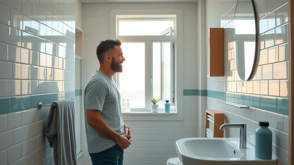 Modern small bathroom refresh in Pawleys Island with neutral colors, sunlight from frosted window, organized with pops of blue