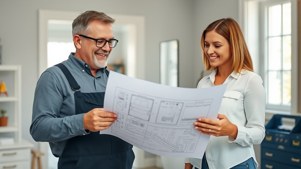 Bathroom remodel service in Pawleys Island showing contractor with homeowners, reviewing plans in an organized home, with modern tools and tile samples