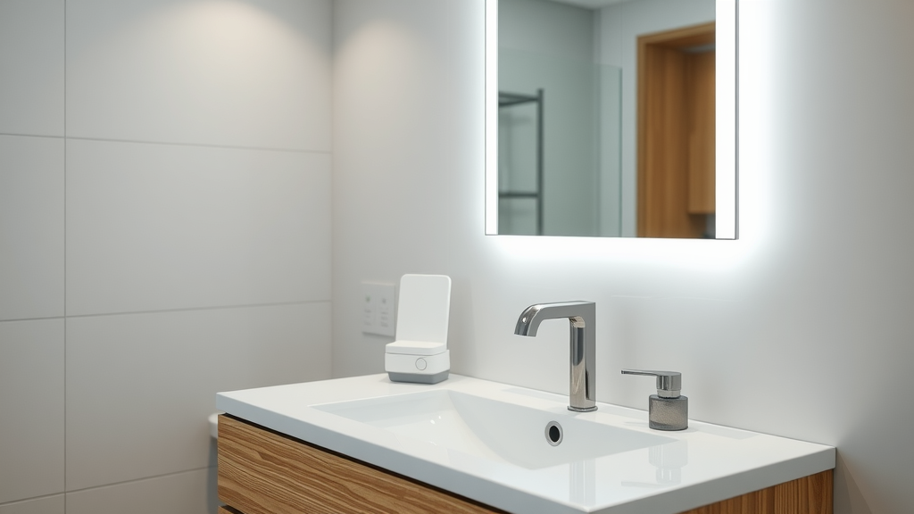 Closeup of modern small bathroom vanity, frameless mirror, slip-resistant floor, and energy-efficient LED lighting in Pawleys Island