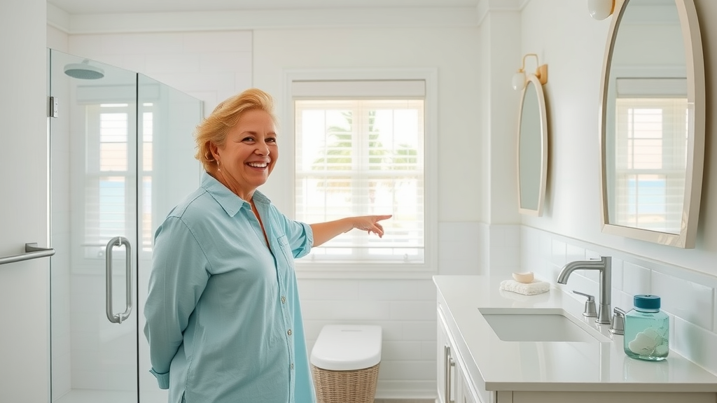 Bright, modern Myrtle Beach bathroom with cheerful homeowner and vanity, discussing renovation. Beach-themed decor, light turquoise accents, palm trees through window, crisp whites, natural daylight. Small bathroom remodel near me in Myrtle Beach.