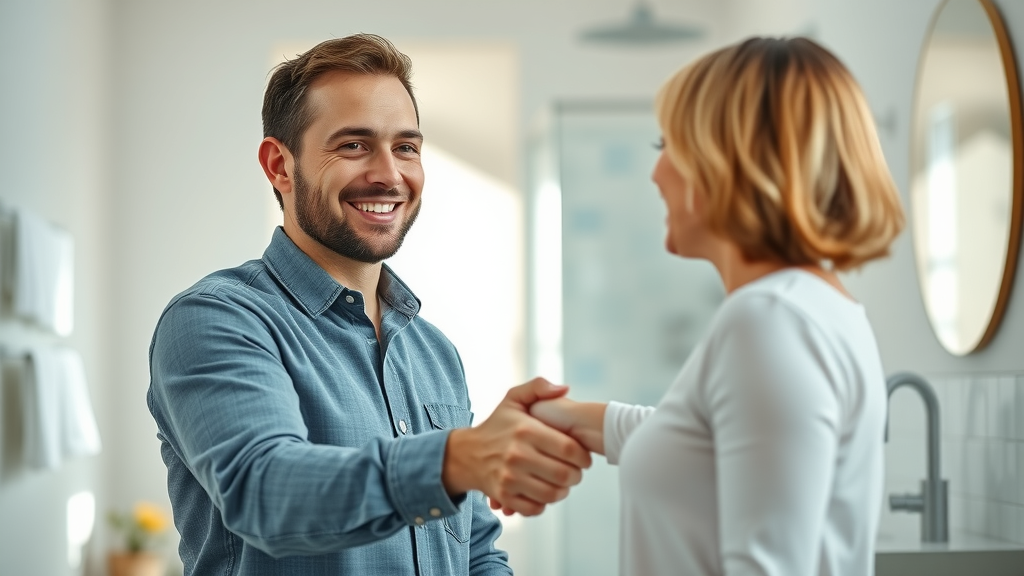 Professional local bathroom remodeler shaking hands with homeowner, contemporary Myrtle Beach bathroom, beach-inspired decor. Bathroom remodeler Myrtle Beach.