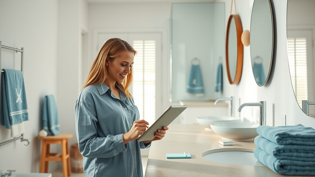 Modern beach-style bathroom in Myrtle Beach with contrasting vanity options, designer with samples, woman planning on tablet. Bathroom design consultation Myrtle Beach.