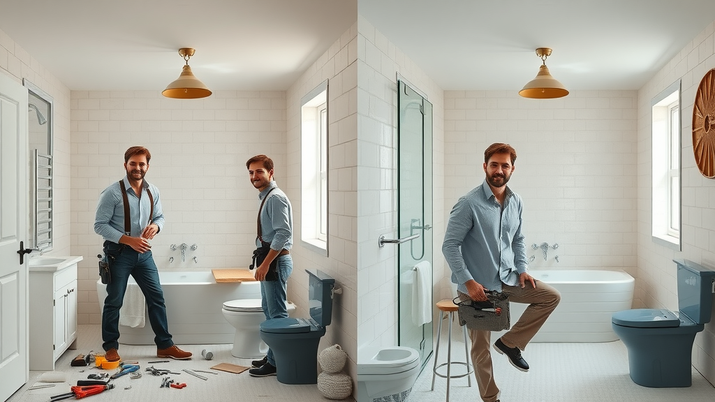 Side-by-side: professional bathroom remodeling company team vs. handyman working on bathroom in Myrtle Beach. Quality materials and tools visible.