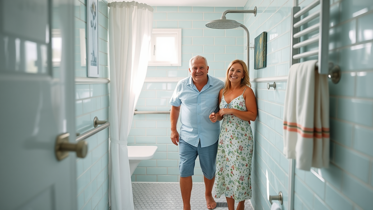 Elegant small Myrtle Beach bathroom with open shower, seat, grab bars, senior couple. Accessible bathroom remodel in beach area.