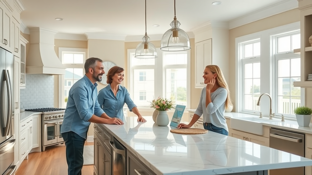Inviting modern kitchen with joyful Grand Strand homeowners, bright marble countertops, and soft coastal decor