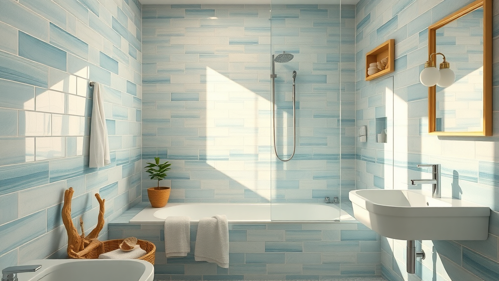 Elegant coastal bathroom remodel in the Grand Strand, ocean-inspired tile, serene colors, driftwood accessories