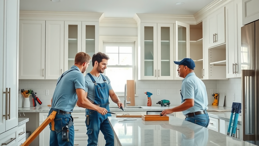 Remodeling team installing kitchen cabinets in Grand Strand, clean setting with visible tools and crisp lighting