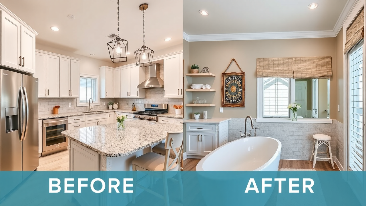 Spacious remodeled kitchen and bathroom collage in Grand Strand, before-and-after, modern amenities, elegant coastal accents