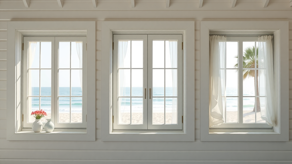 Bright coastal home exterior, with pristine new windows, oceanfront Myrtle Beach, showcasing both old and new window sections, palm trees and sand in the background, vibrant daylight, photorealistic.