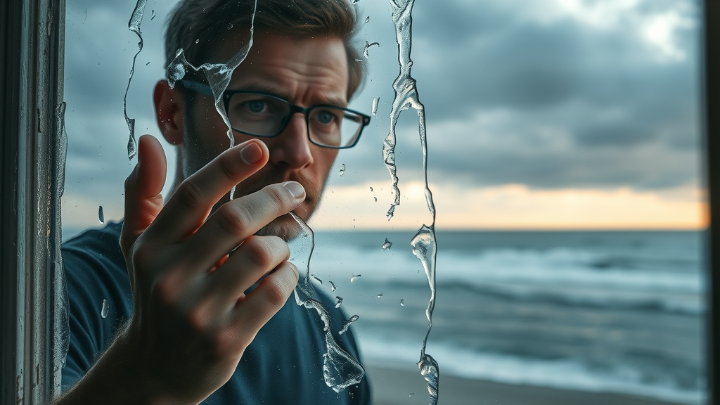 Close-up of weathered coastal window in Myrtle Beach, condensation on glass, homeowner inspecting window for performance, stormy sky, ocean view, photorealistic.