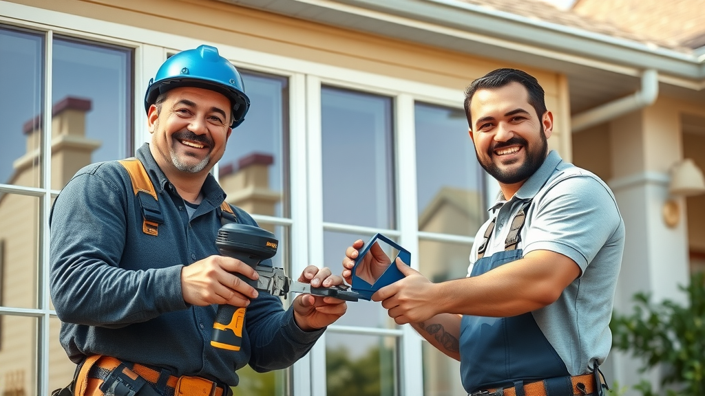 Professional window installers in Myrtle Beach, team demonstrating installation process with modern tools, suburban home background, photorealistic.