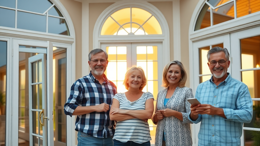 Various stylish replacement windows and doors in a Myrtle Beach villa, homeowners admiring installation, luxury background, sunlit and detailed, photorealistic.