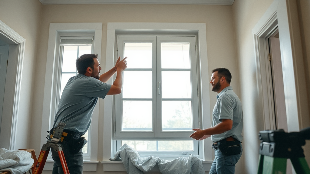 Step-by-step window replacement process, installation team working carefully inside Myrtle Beach home, team positioning large window, photorealistic, calm and reassuring.