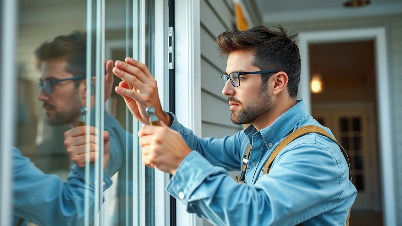 professional glass technician repairing window for window repair in Myrtle Beach SC, suburban home exterior, photorealistic