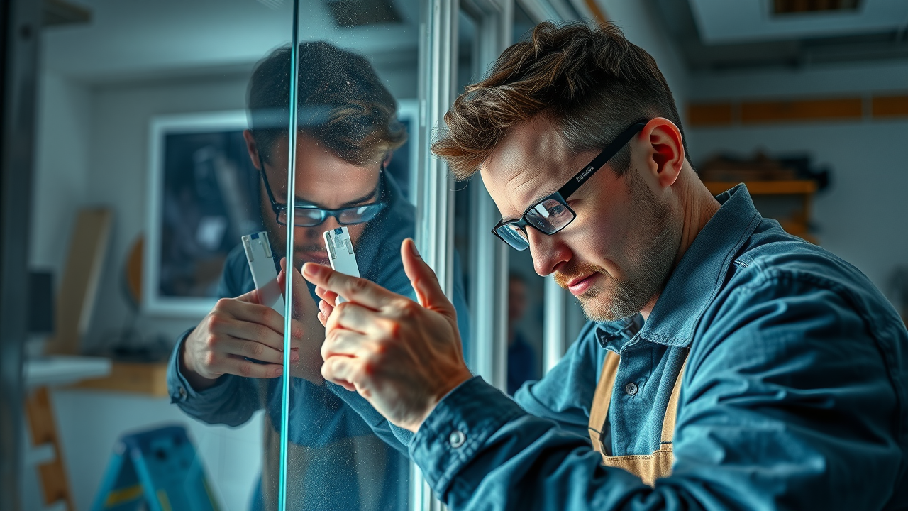 window repair process for window repair in Myrtle Beach SC, technician measuring glass, highly detailed, workshop setting, photorealistic