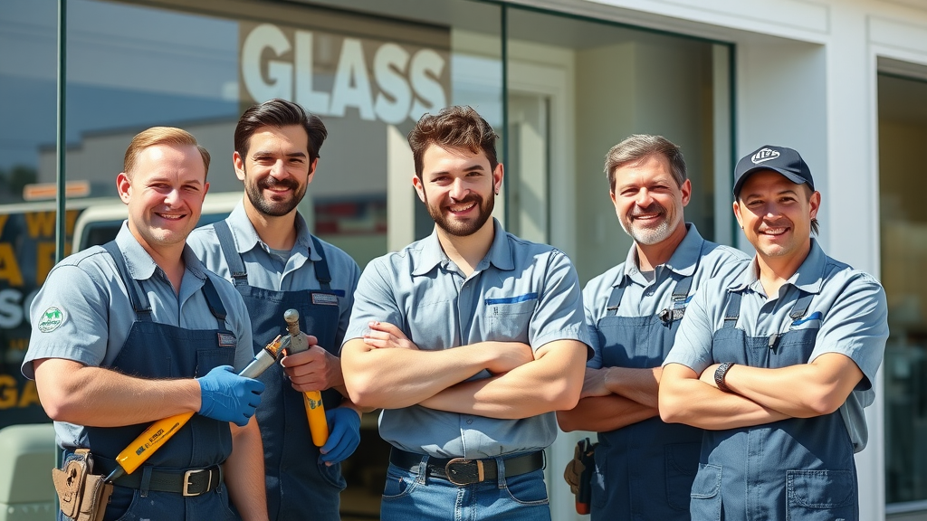 smiling team of expert glaziers, professional glass company for window repair in Myrtle Beach SC, storefront exterior, sunlight on glass, branded uniforms, photorealistic