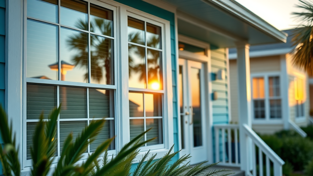 modern Myrtle Beach home exterior after window repair in Myrtle Beach SC, gleaming windows, vibrant neighborhood, photorealistic, golden hour