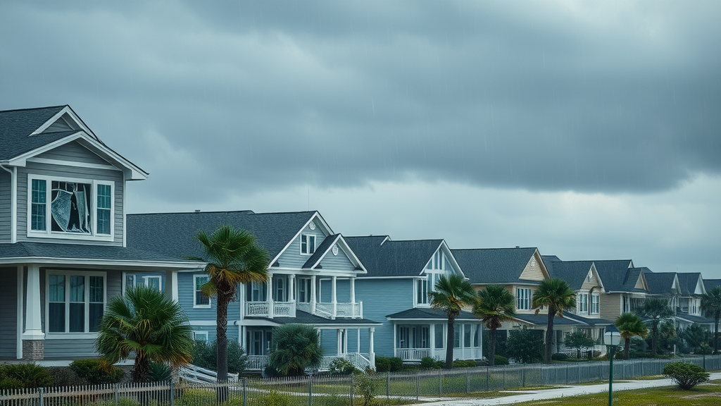 Dramatic beachfront neighborhood in North Myrtle Beach during a storm, homes with shattered traditional windows contrasting with secure impact windows, anxious homeowners observing the scene, Photorealistic High Fidelity Lifelike, beachside community with palm trees bending in strong wind, highly detailed, flying debris and intense rain, crisp image quality, deep blues and grays, diffused lighting from storm clouds, shot with a 24mm wide-angle lens.