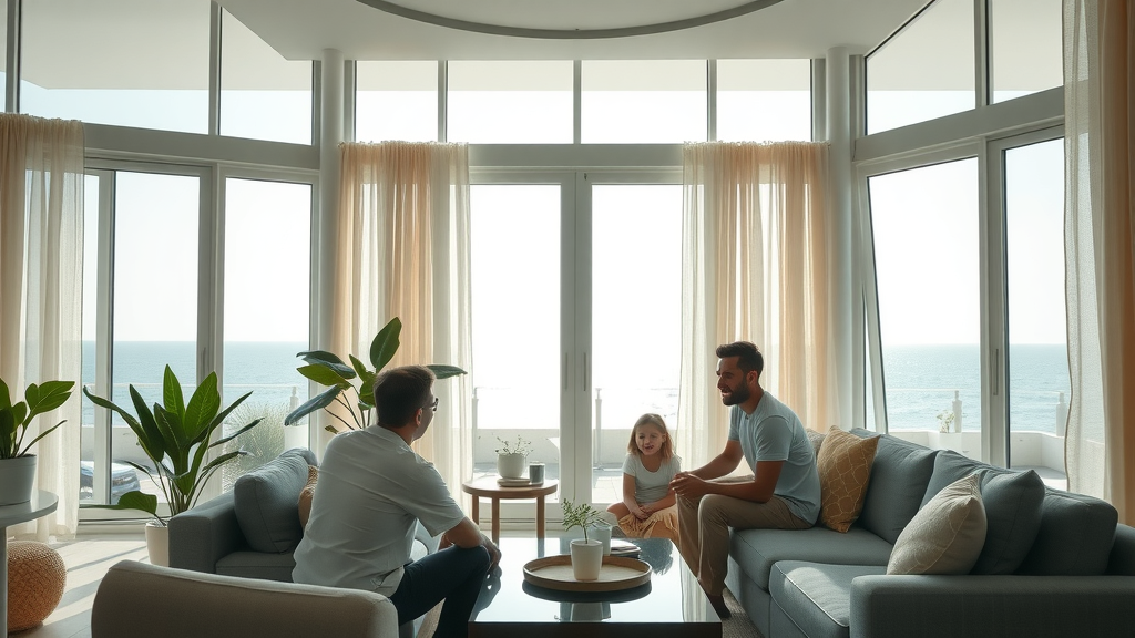 Modern living room showcasing large impact windows, interior view with sunlight streaming in, happy family feeling safe, Cinematic, coastal decor with plants and ocean visible through the glass, highly detailed, gentle sea breeze movement in curtains, 4K quality, light ocean blue and beige hues, soft natural lighting, shot with a 35mm lens.