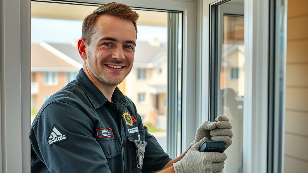 Professional window installer in uniform, friendly expression, precisely installing an impact window in a coastal-style home, Photorealistic High Fidelity Lifelike, background of Myrtle Beach residential neighborhood visible through the window, highly detailed, installer using specialist tools, crisp details, natural warm daylight, shot with an 85mm portrait lens.