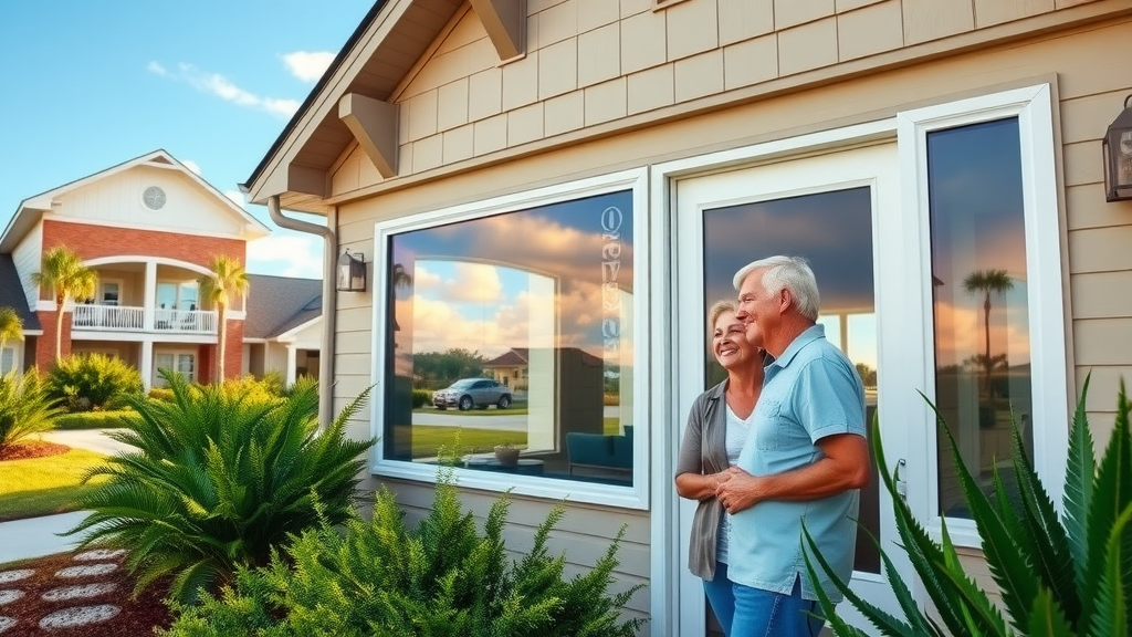 Inviting Myrtle Beach home exterior with sparkling new impact windows, lush landscaping, a visible storm passing by in the distance, smiling homeowners feeling secure, Photorealistic High Fidelity Lifelike, vibrant suburban neighborhood under clearing sky, highly detailed, subtle reflections in glass, bright fresh colors, balanced sunlight with gentle backlighting, shot with a 35mm lens.