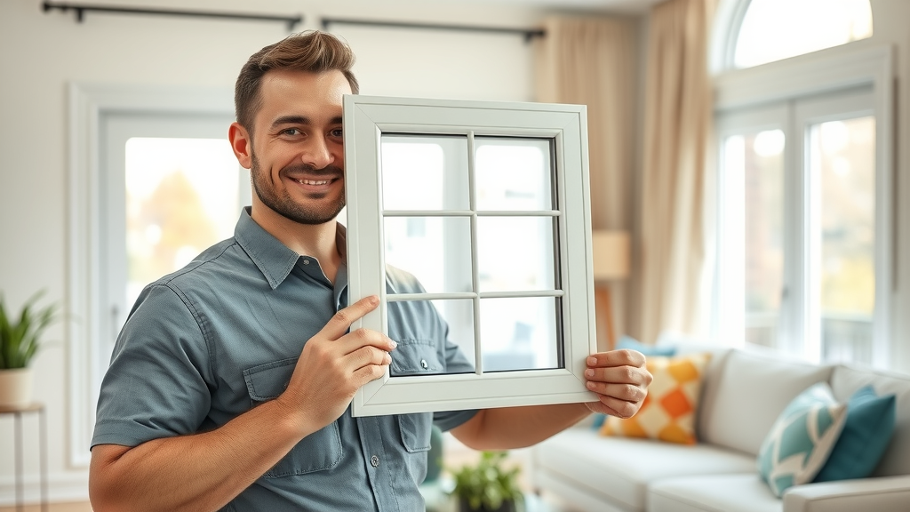 Friendly professional window installer in Conway SC showing a double-pane window sample in a modern living room
