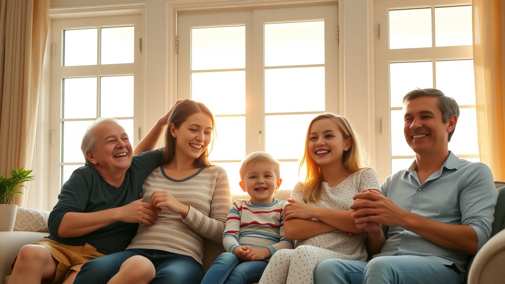 Cheerful Conway, SC family enjoying sunlight through modern double pane windows, living room with Myrtle Beach scenery