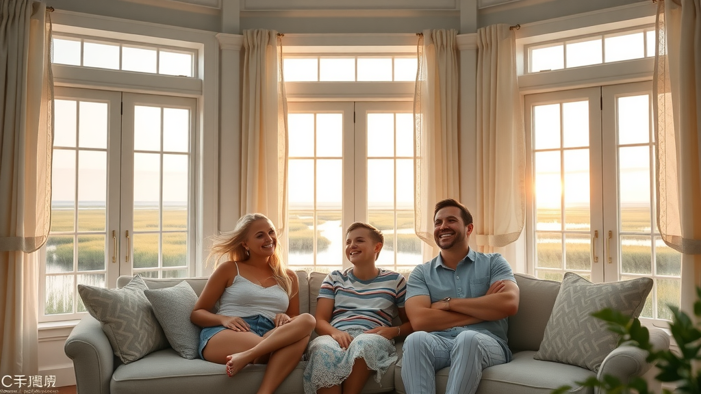 beautiful coastal home after window installation, delighted family enjoying natural light, open windows, Pawleys Island marshland, replacement windows