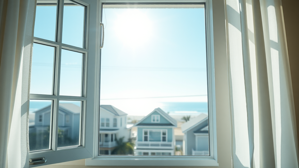bright coastal-style window with clear glass, open and inviting, Surfside Beach neighborhood visible, sunlight streaming in, quality affordable window repair in Surfside Beach SC