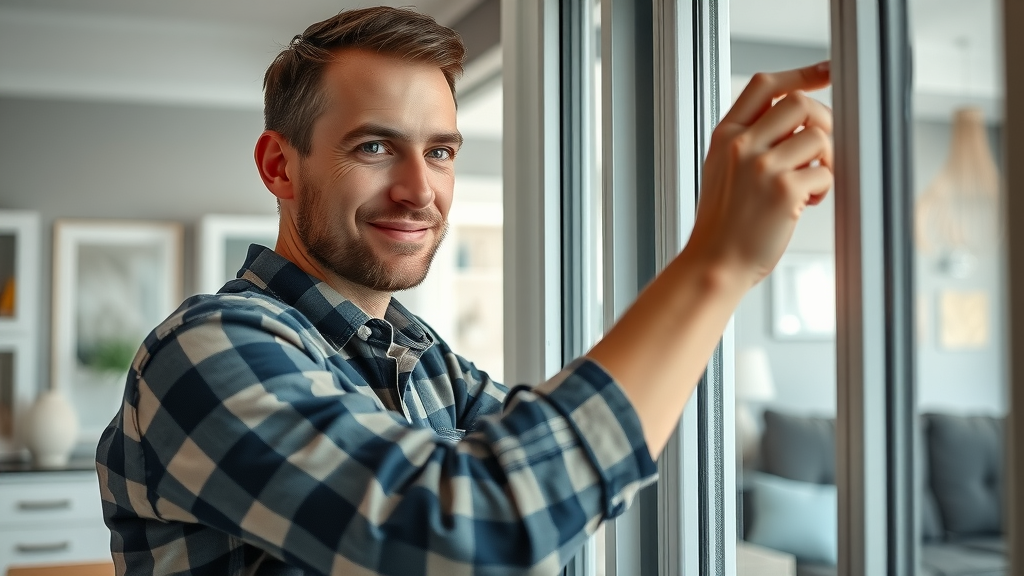 friendly handyman installing a new window for affordable window repair in Surfside Beach SC, inside a bright suburban home