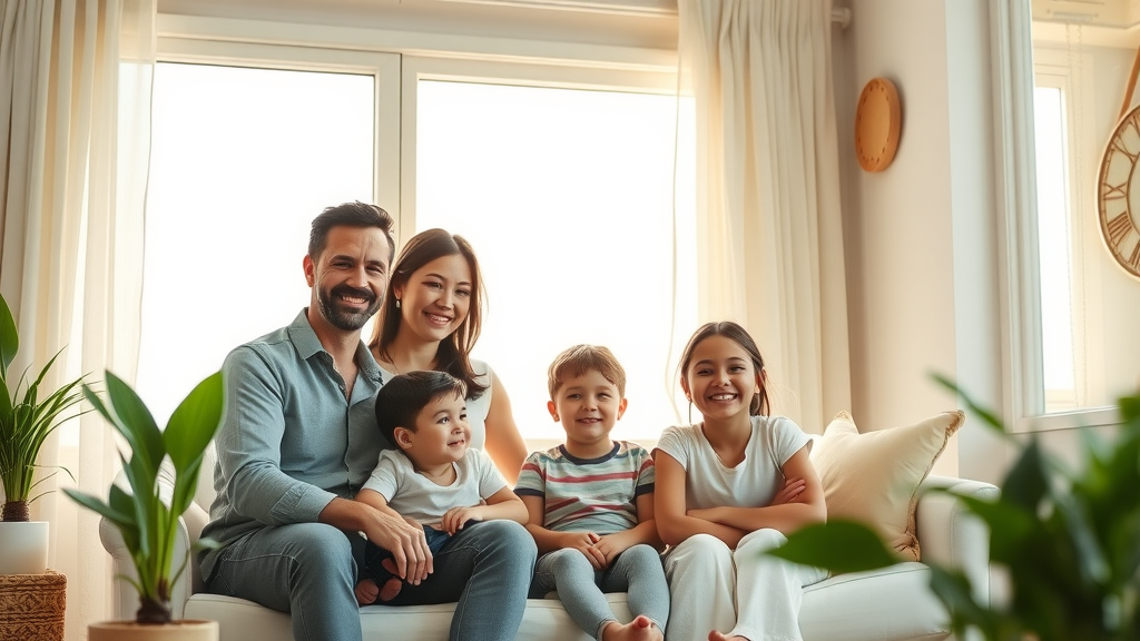 happy family enjoying sunlight by newly repaired window, Surfside Beach living room, affordable window repair in Surfside Beach SC