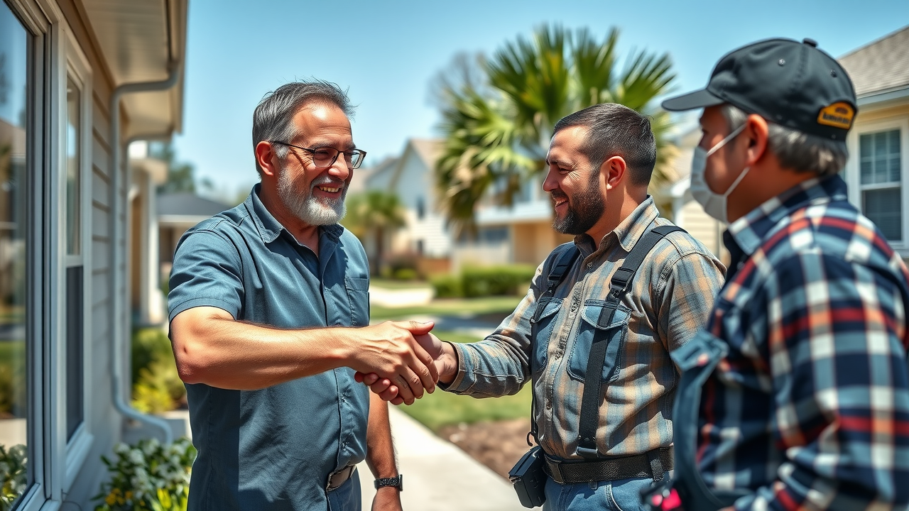 Experienced window repair team in Grand Strand shaking hands with satisfied Myrtle Beach homeowner